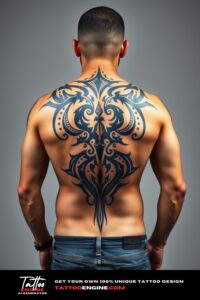 Tribal tattoo, filling all back of a man, back view, wearing jeans, studio light, high quality, detailed