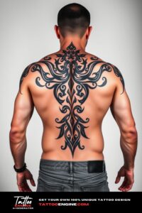 Tribal tattoo, filling all back of a man, back view, wearing jeans, studio light, high quality, detailed