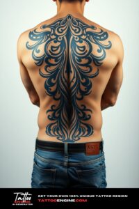 Tribal tattoo, filling all back of a man, back view, wearing jeans, studio light, high quality, detailed