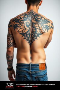 Tribal tattoo, filling all back of a man, back view, wearing jeans, studio light, high quality, detailed