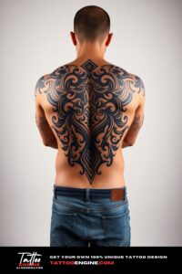 Tribal tattoo, filling all back of a man, back view, wearing jeans, studio light, high quality, detailed