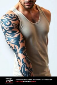 Tribal tattoo, full sleeve of a man, wearing tank top, front view, high quality, detailed