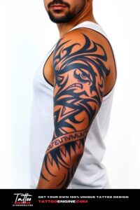 Tribal tattoo, full sleeve of a man, wearing tank top, front view, high quality, detailed