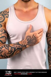 Tribal tattoo, full sleeve of a man, wearing tank top, front view, high quality, detailed