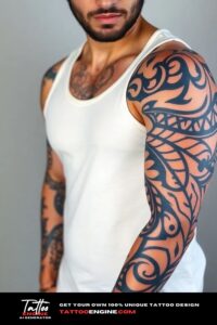 Tribal tattoo, full sleeve of a man, wearing tank top, front view, high quality, detailed