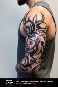 Tribal tattoo, full sleeve of a man, wearing tank top, side view, high quality, detailed