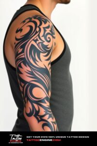 Tribal tattoo, full sleeve of a man, wearing tank top, side view, high quality, detailed