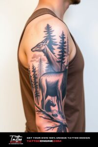 Wildlife nature tattoo, full sleeve of a man, wearing tank top, side view, high quality, detailed