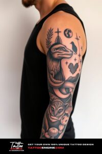 Wildlife nature tattoo, full sleeve of a man, wearing tank top, side view, high quality, detailed