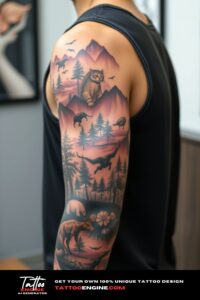 Wildlife nature tattoo, full sleeve of a man, wearing tank top, side view, high quality, detailed