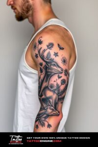 Wildlife nature tattoo, full sleeve of a man, wearing tank top, side view, high quality, detailed