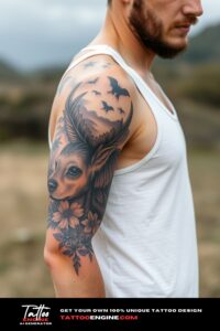 Wildlife nature tattoo, full sleeve of a man, wearing tank top, side view, high quality, detailed