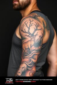 Wildlife nature tattoo, full sleeve of a man, wearing tank top, side view, high quality, detailed