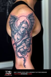 Angel vs demon half sleeve tattoo for men, on arm of a man, wearing black tank top, side view, high quality, detailed