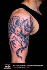 Angel vs demon half sleeve tattoo for men, on arm of a man, wearing black tank top, side view, high quality, detailed