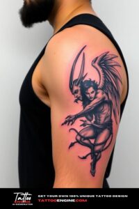 Angel vs demon half sleeve tattoo for men, on arm of a man, wearing black tank top, side view, high quality, detailed