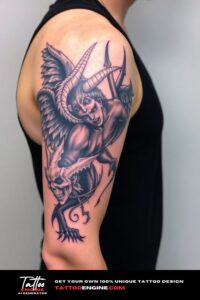 Angel vs demon half sleeve tattoo for men, on arm of a man, wearing black tank top, side view, high quality, detailed