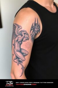 Angel vs demon half sleeve tattoo for men, on arm of a man, wearing black tank top, side view, high quality, detailed