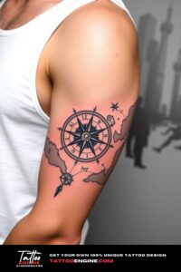 Compass and map half sleeve tattoo for men, on arm of a man, wearing white tank top, side view, high quality, detailed