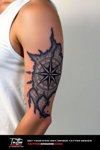 Compass and map half sleeve tattoo for men, on arm of a man, wearing white tank top, side view, high quality, detailed