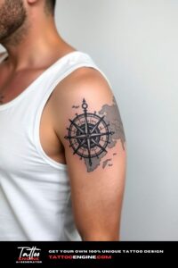 Compass and map half sleeve tattoo for men, on arm of a man, wearing white tank top, side view, high quality, detailed