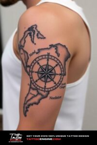 Compass and map half sleeve tattoo for men, on arm of a man, wearing white tank top, side view, high quality, detailed