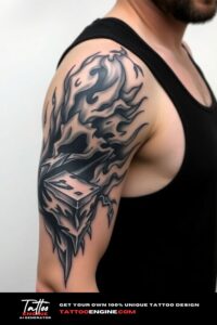 Fire and ice half sleeve tattoo for men, black and white, on arm of a man, wearing black tank top, side view, high quality, detailed