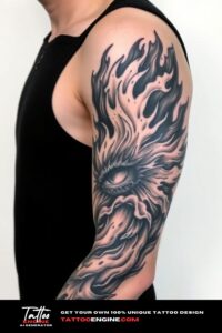 Fire and ice half sleeve tattoo for men, black and white, on arm of a man, wearing black tank top, side view, high quality, detailed