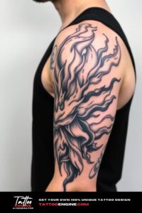 Fire and ice half sleeve tattoo for men, colorful, on arm of a man, wearing black tank top, side view, high quality, detailed