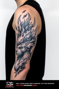 Fire and ice half sleeve tattoo for men, colorful, on arm of a man, wearing black tank top, side view, high quality, detailed