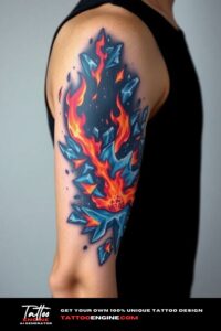 Fire and ice half sleeve tattoo for men, colorful, on arm of a man, wearing black tank top, side view, high quality, detailed