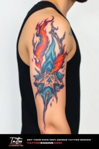 Fire and ice half sleeve tattoo for men, colorful, on arm of a man, wearing black tank top, side view, high quality, detailed