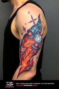 Fire and ice half sleeve tattoo for men, colorful, on arm of a man, wearing black tank top, side view, high quality, detailed1