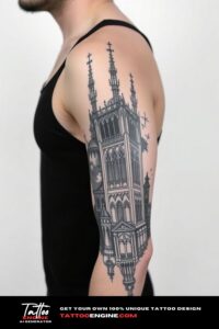 Gothic architecture half sleeve tattoo for men, black and white, on arm of a man, wearing black tank top, side view, high quality, detailed