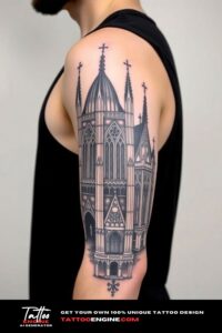 Gothic architecture half sleeve tattoo for men, black and white, on arm of a man, wearing black tank top, side view, high quality, detailed