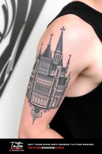 Gothic architecture half sleeve tattoo for men, black and white, on arm of a man, wearing black tank top, side view, high quality, detailed