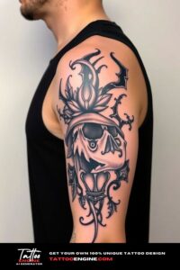 Gothic half sleeve tattoo for men, on arm of a man, wearing black tank top, side view, high quality, detailed