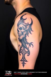 Gothic half sleeve tattoo for men, on arm of a man, wearing black tank top, side view, high quality, detailed