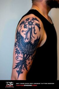 Gothic half sleeve tattoo for men, on arm of a man, wearing black tank top, side view, high quality, detailed