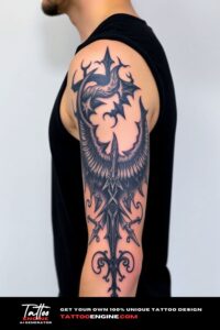 Gothic half sleeve tattoo for men, on arm of a man, wearing black tank top, side view, high quality, detailed