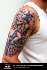 Greek mythology half sleeve tattoo for men, on arm of a man, wearing white tank top, side view, high quality, detailed