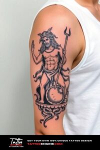 Greek mythology half sleeve tattoo for men, on arm of a man, wearing white tank top, side view, high quality, detailed