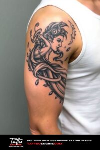 Greek mythology half sleeve tattoo for men, on arm of a man, wearing white tank top, side view, high quality, detailed