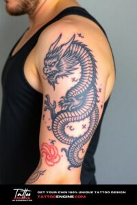 Japanese dragon half sleeve tattoo for men, on arm of a man, wearing tank top, side view, high quality, detailed