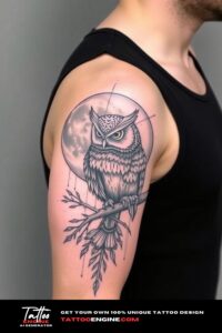 Owl and moon half sleeve tattoo for men, on arm of a man, wearing black tank top, side view, high quality, detailed