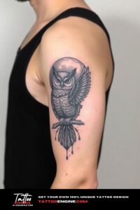 Owl and moon half sleeve tattoo for men, on arm of a man, wearing black tank top, side view, high quality, detailed