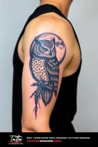 Owl and moon half sleeve tattoo for men, on arm of a man, wearing black tank top, side view, high quality, detailed