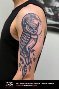 Owl and moon half sleeve tattoo for men, on arm of a man, wearing black tank top, side view, high quality, detailed