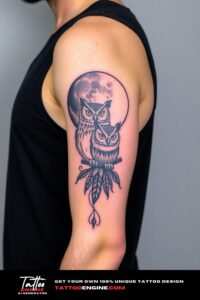 Owl and moon half sleeve tattoo for men, on arm of a man, wearing black tank top, side view, high quality, detailed