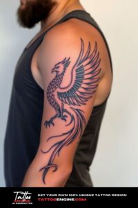 Phoenix rising half sleeve tattoo for men, on arm of a man, wearing tank top, side view, high quality, detailed